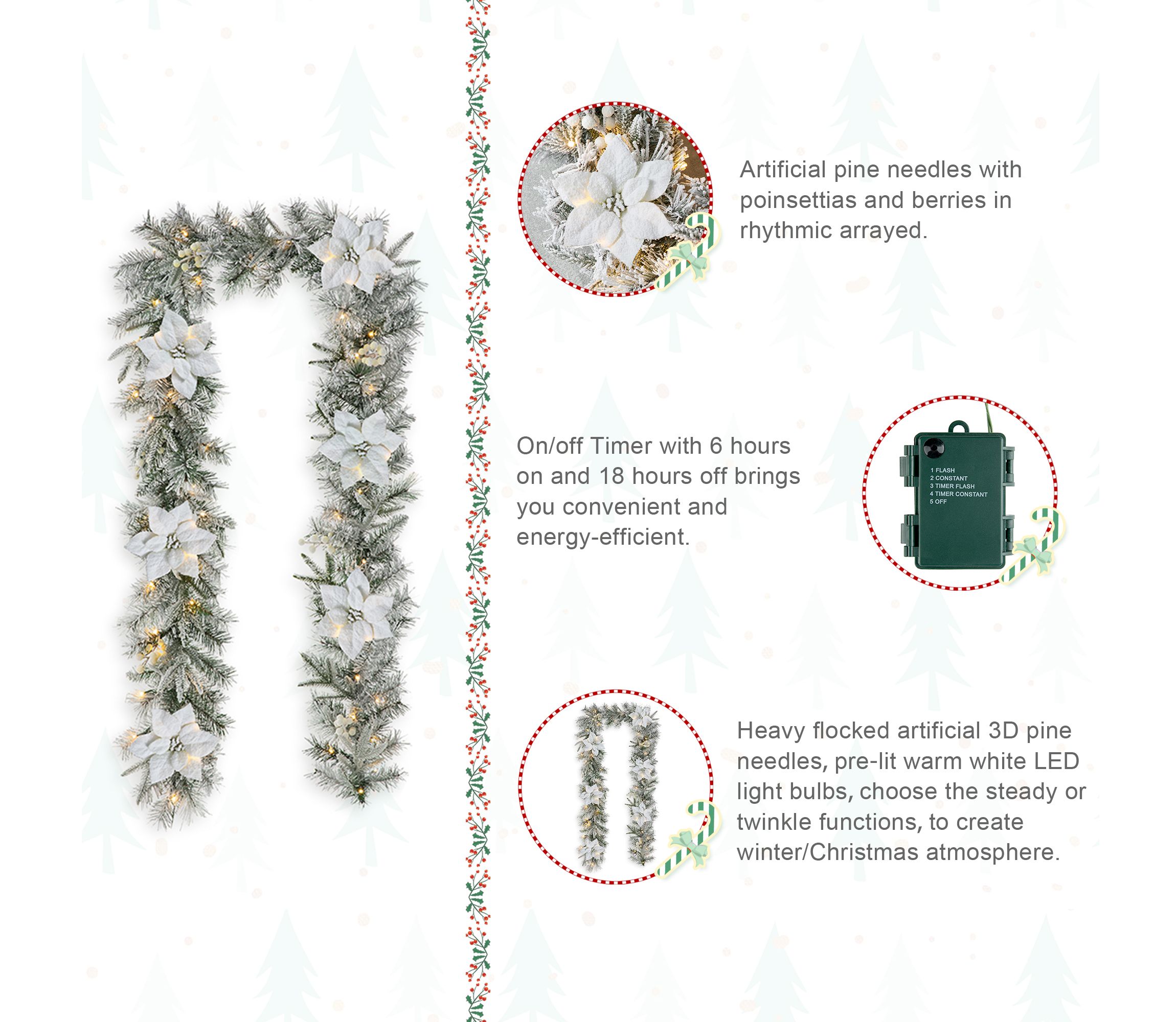 Set of 2 9ft Pre-Lit Snow Flocked Greenery Pine Poinsettia Christmas Garland, with 50 Warm White Lights with Timer, Three Function