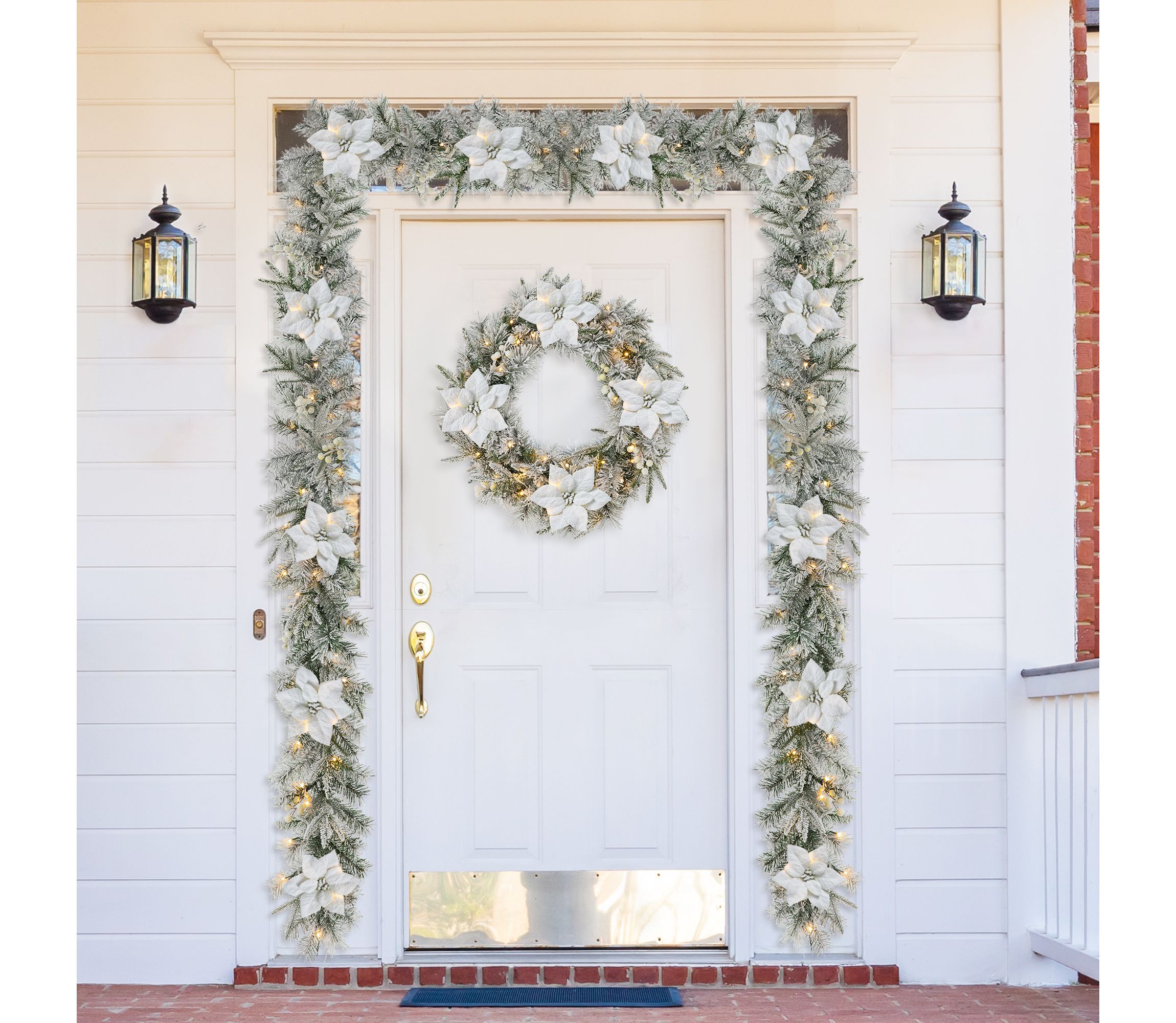 Set of 2 9ft Pre-Lit Snow Flocked Greenery Pine Poinsettia Christmas Garland, with 50 Warm White Lights with Timer, Three Function