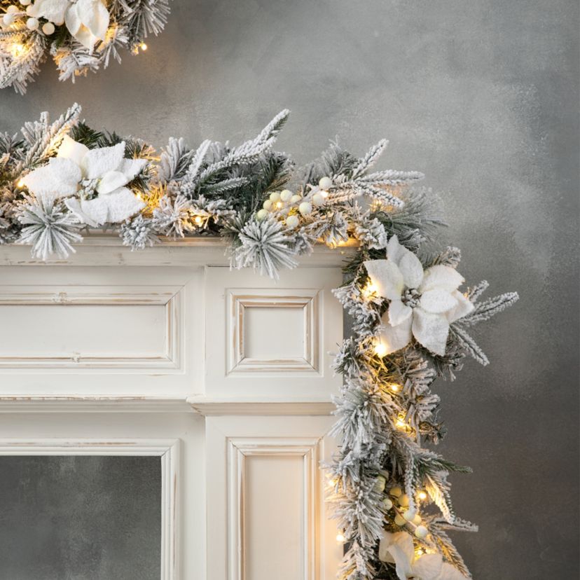 Set of 2 9ft Pre-Lit Snow Flocked Greenery Pine Poinsettia Christmas Garland, with 50 Warm White Lights with Timer, Three Function