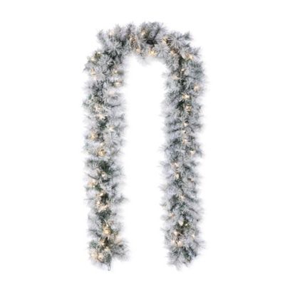 Glitzhome 9ft Pre-Lit Snow Flocked Greenery Pine Christmas Garland, with 70 Warm White/Multi-color C3 Clear LED Lights and Timer,8 Function