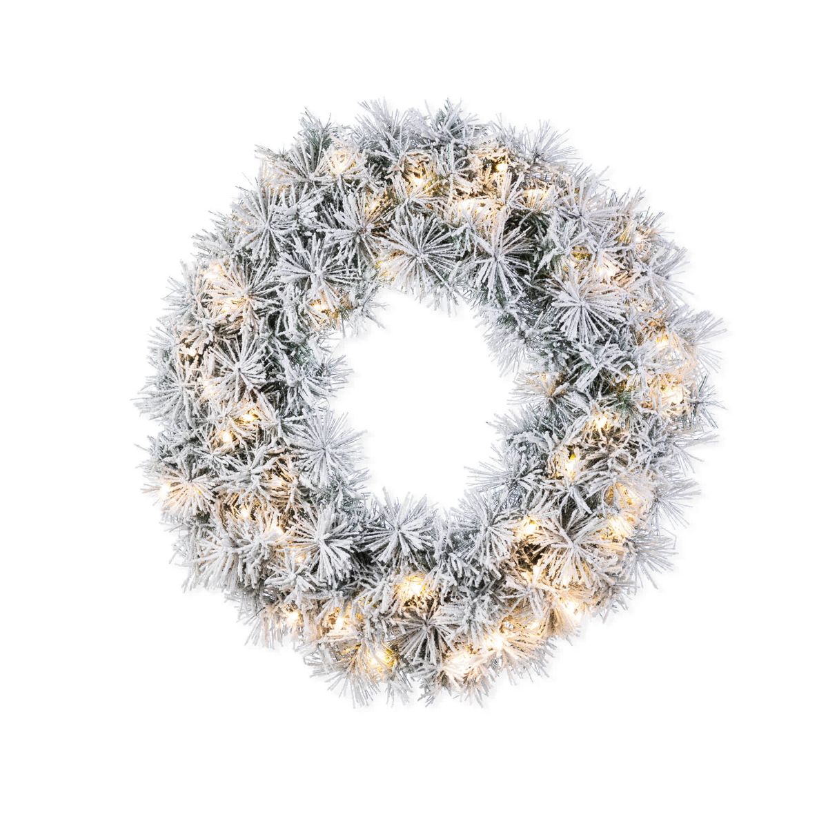 24"D Pre-Lit Snow Flocked Greenery Pine Christmas Wreath,with 50 White/Multi-color C3 Clear LED Lights and Timer,8 Function