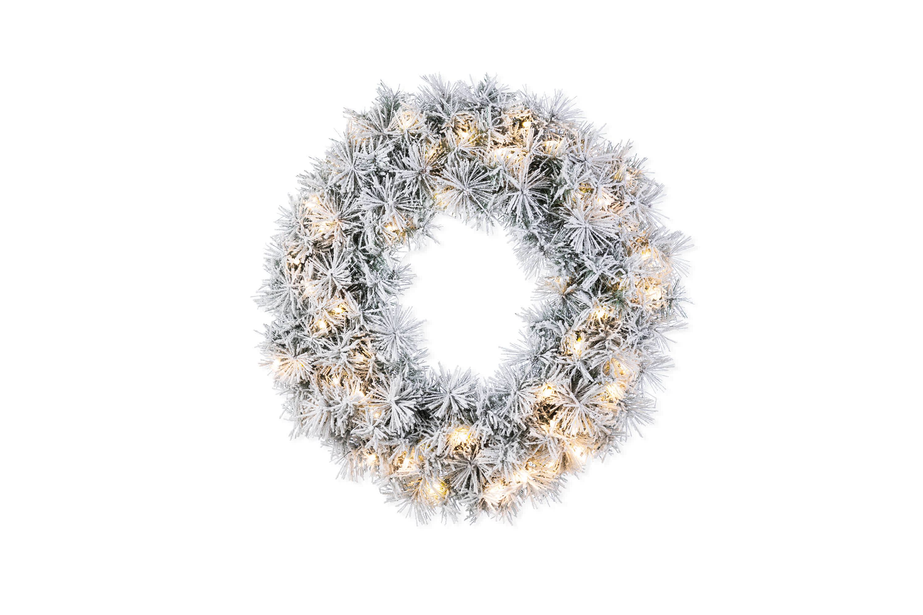 24"D Pre-Lit Snow Flocked Greenery Pine Christmas Wreath,with 50 White/Multi-color C3 Clear LED Lights and Timer,8 Function