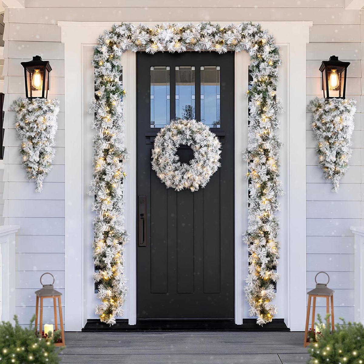 24"D Pre-Lit Snow Flocked Greenery Pine Christmas Wreath,with 50 White/Multi-color C3 Clear LED Lights and Timer,8 Function