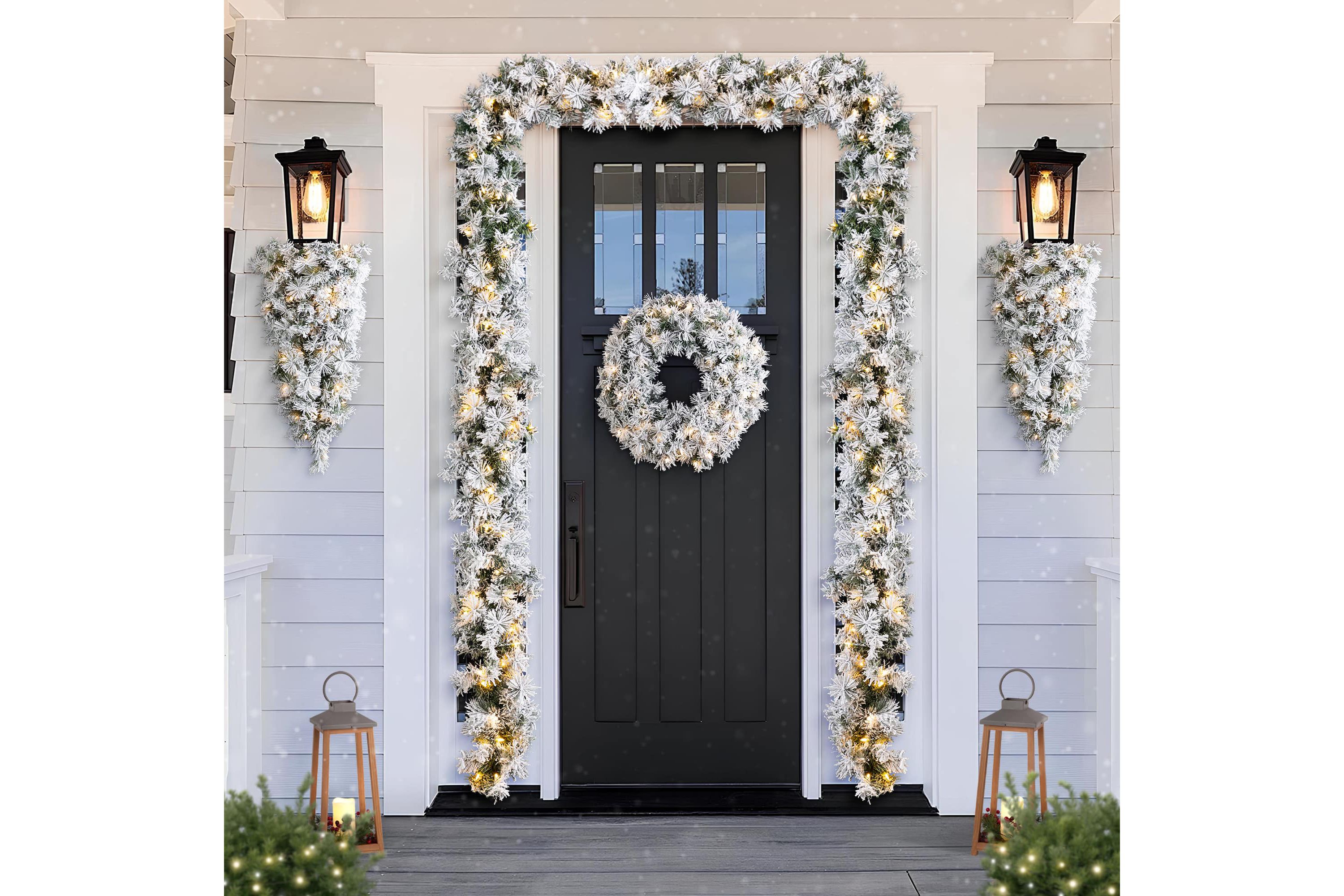 24"D Pre-Lit Snow Flocked Greenery Pine Christmas Wreath,with 50 White/Multi-color C3 Clear LED Lights and Timer,8 Function