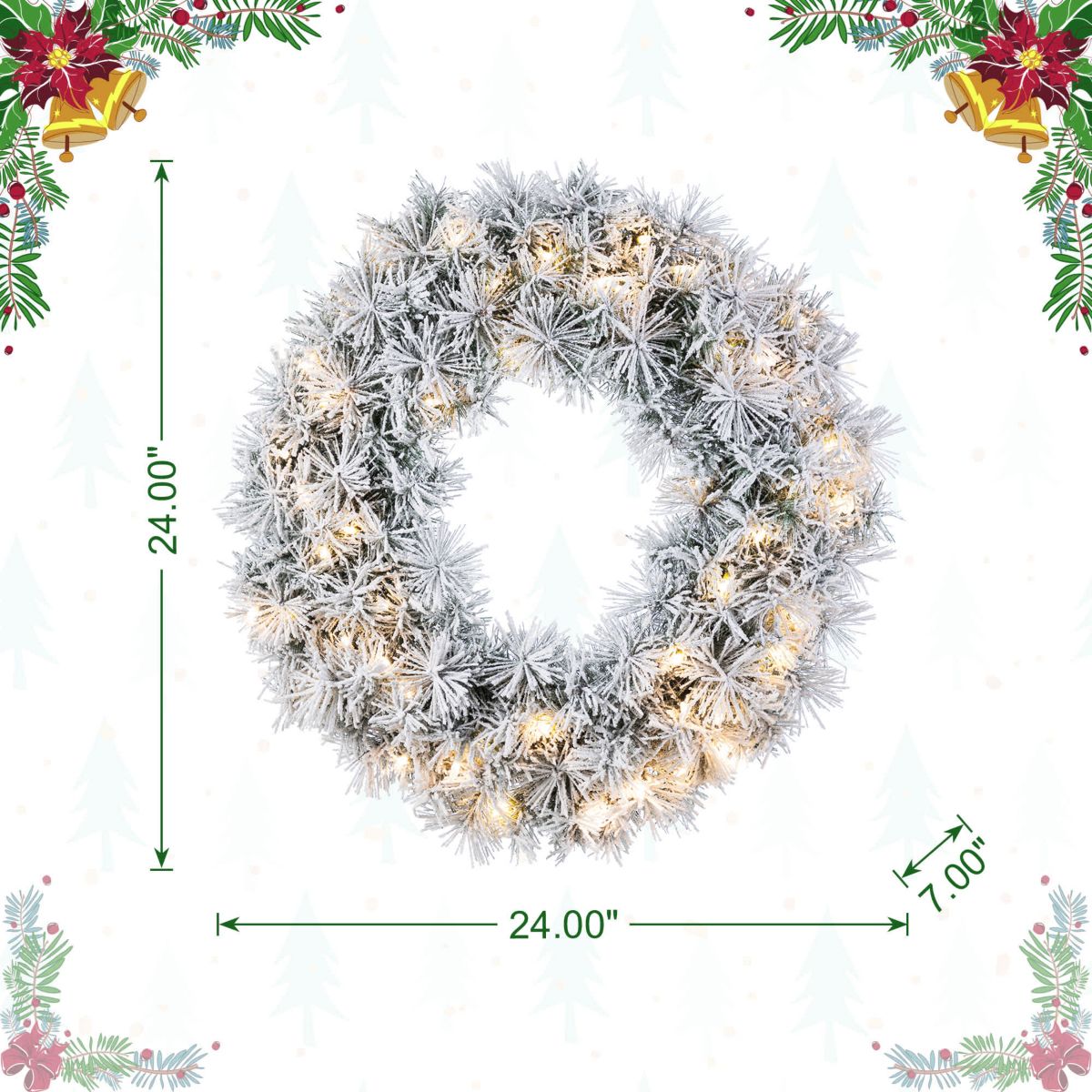 24"D Pre-Lit Snow Flocked Greenery Pine Christmas Wreath,with 50 White/Multi-color C3 Clear LED Lights and Timer,8 Function
