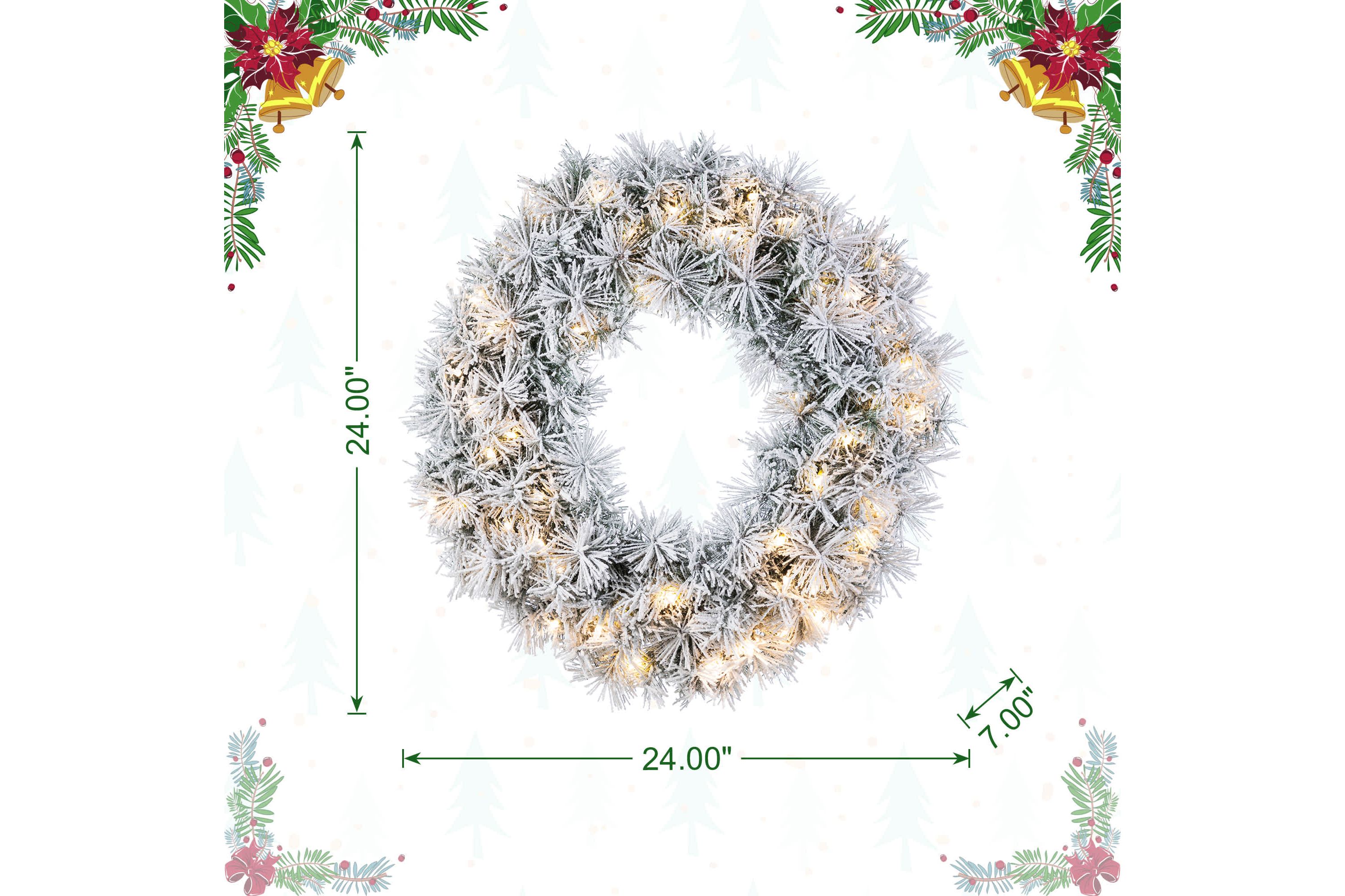 24"D Pre-Lit Snow Flocked Greenery Pine Christmas Wreath,with 50 White/Multi-color C3 Clear LED Lights and Timer,8 Function