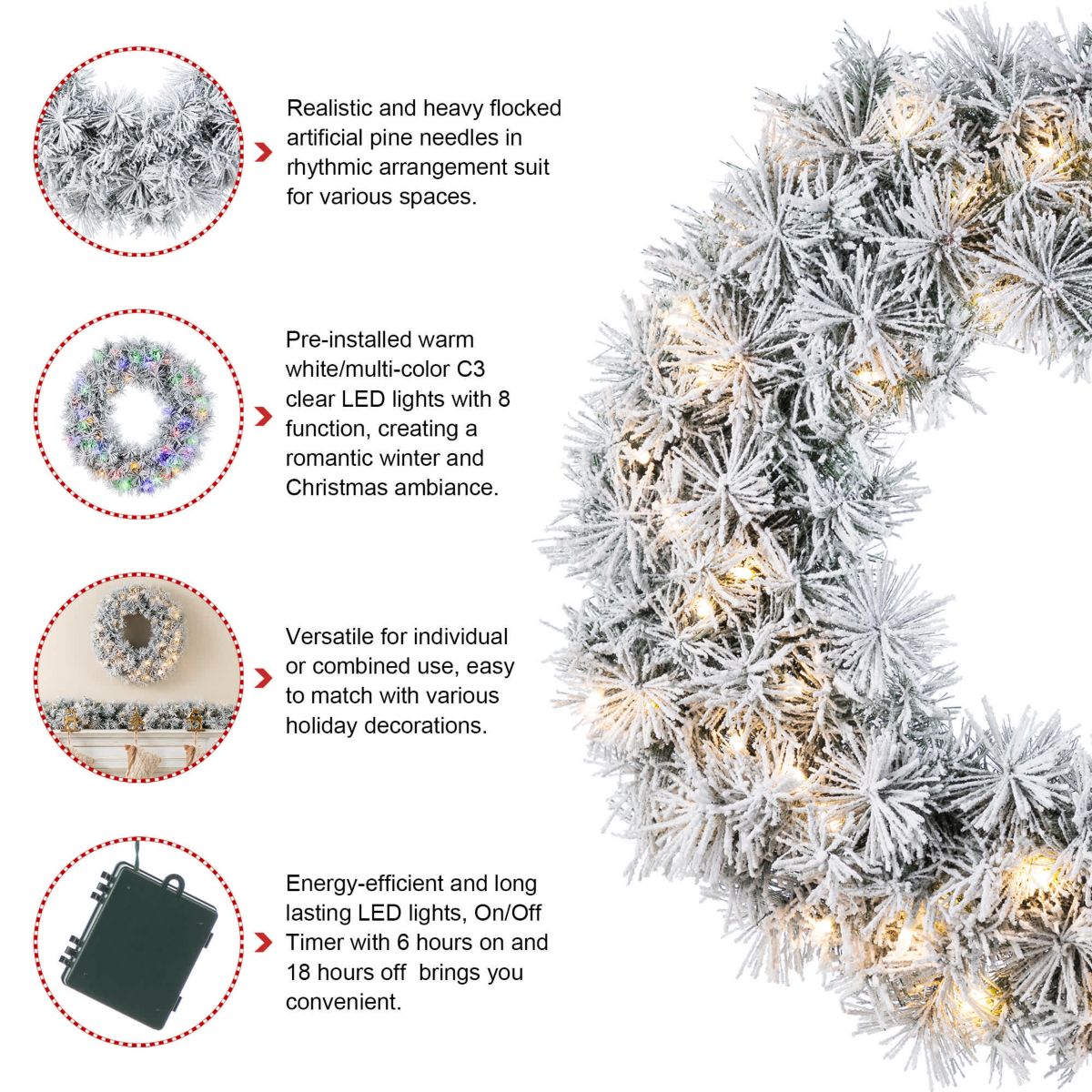 24"D Pre-Lit Snow Flocked Greenery Pine Christmas Wreath,with 50 White/Multi-color C3 Clear LED Lights and Timer,8 Function