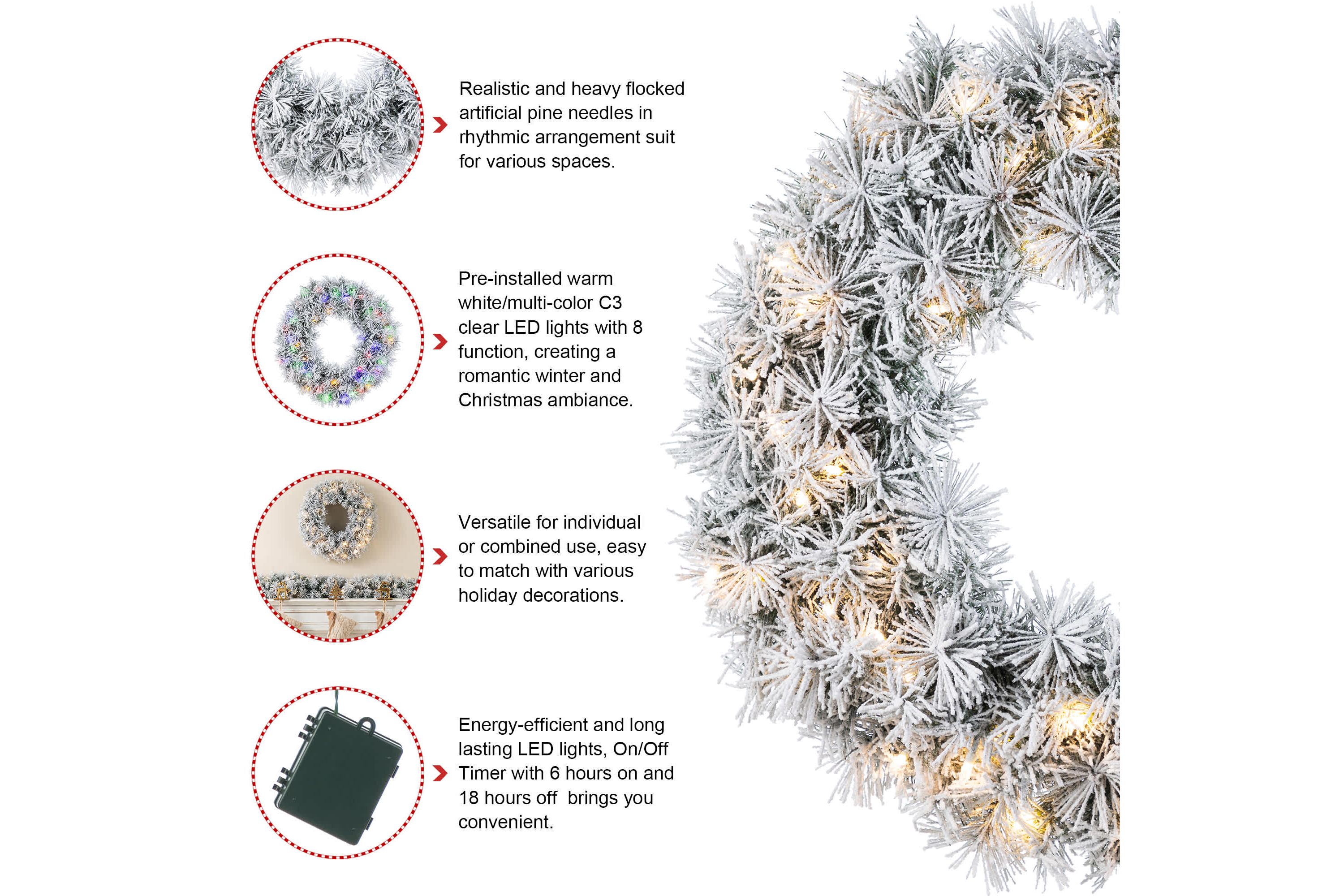 24"D Pre-Lit Snow Flocked Greenery Pine Christmas Wreath,with 50 White/Multi-color C3 Clear LED Lights and Timer,8 Function