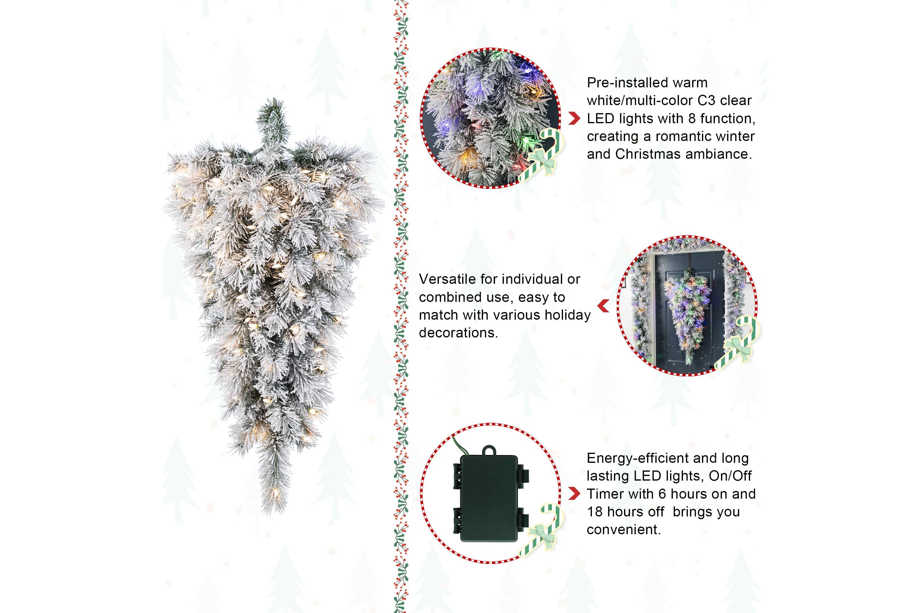 3ft Pre-Lit Snow Flocked Greenery Pine Christmas Teardrop,with 50 Warm White/Multi-color C3 Clear LED Lights and Timer,8 Function