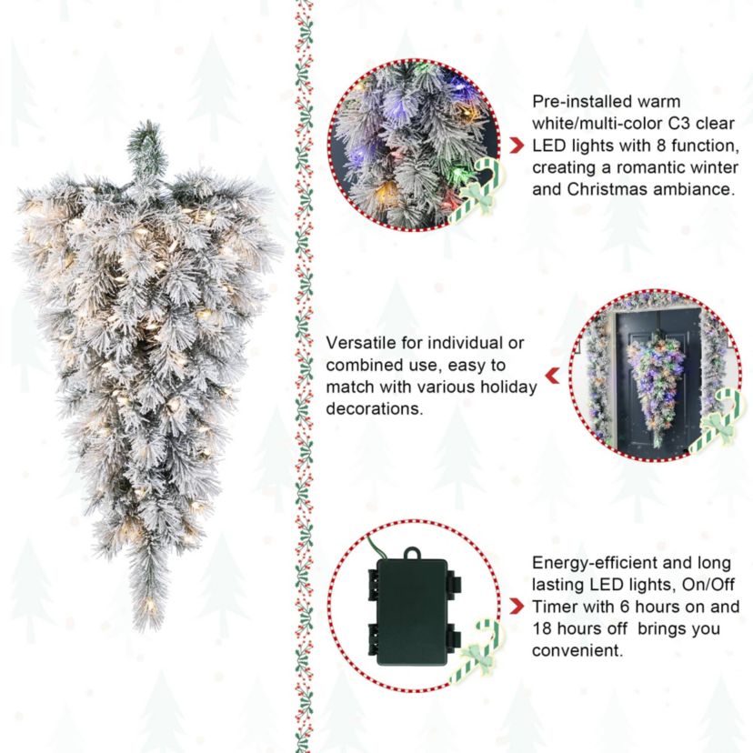 3ft Pre-Lit Snow Flocked Greenery Pine Christmas Teardrop,with 50 Warm White/Multi-color C3 Clear LED Lights and Timer,8 Function
