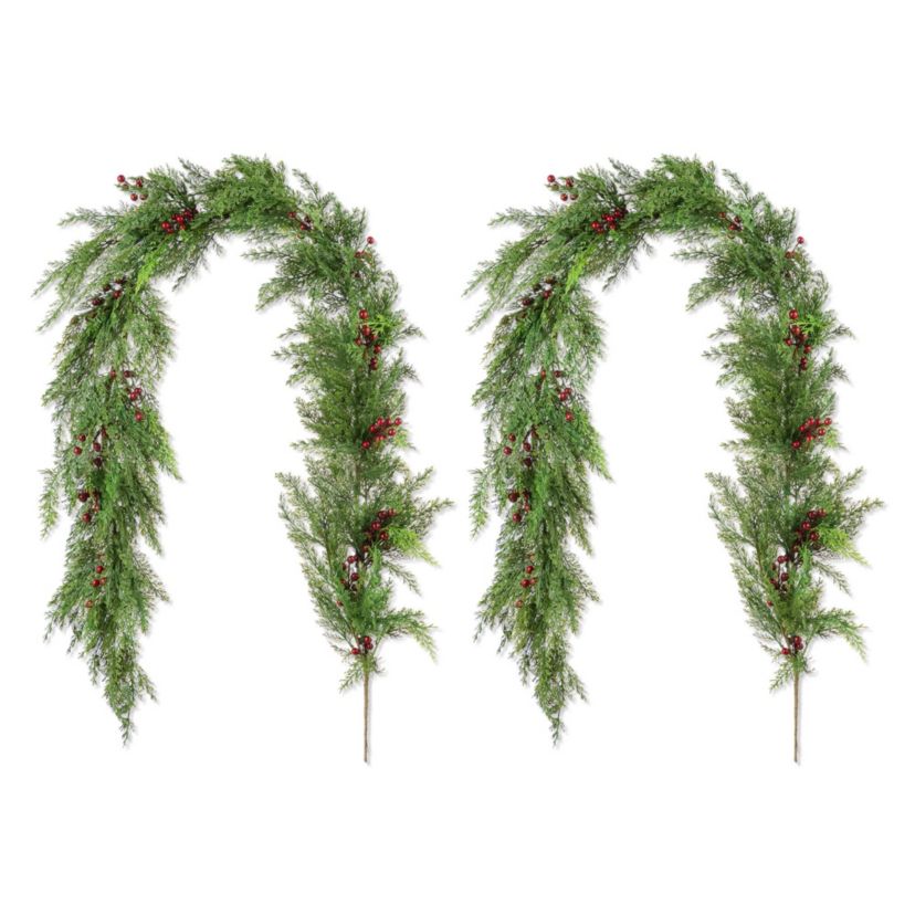 Set of 2 6ft Christmas Greenery PE Dripping Cedar Garland with Red Berries