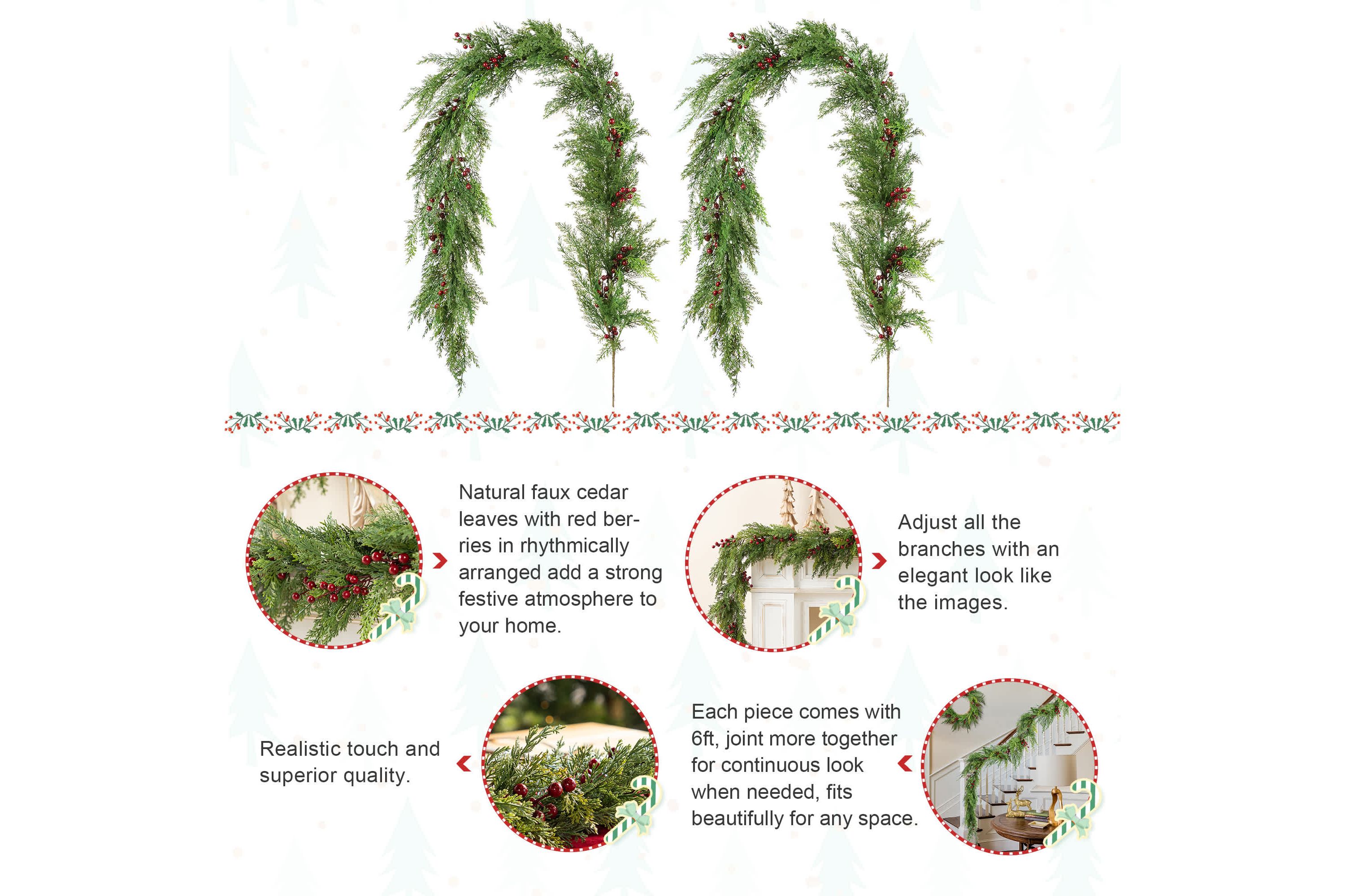 Set of 2 6ft Christmas Greenery PE Dripping Cedar Garland with Red Berries