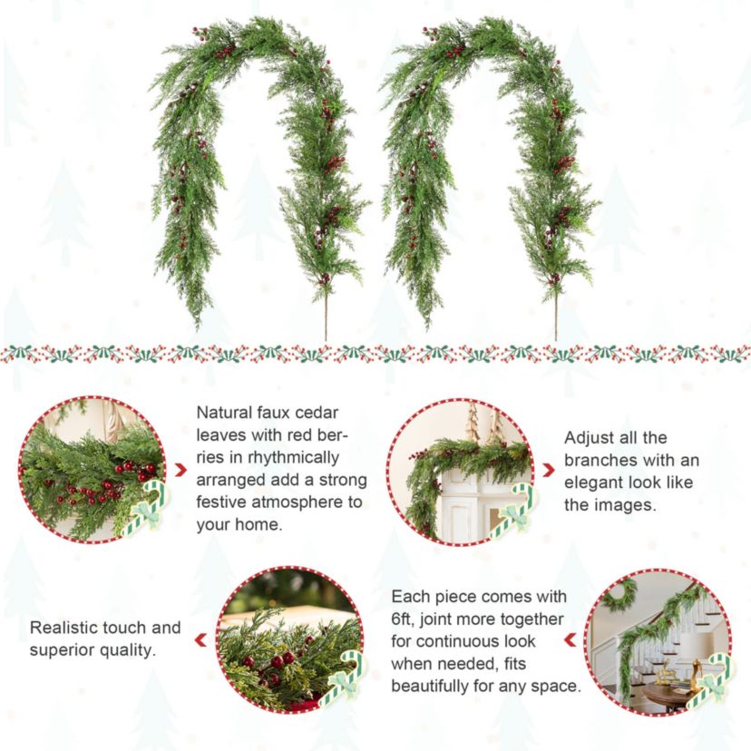 Set of 2 6ft Christmas Greenery PE Dripping Cedar Garland with Red Berries