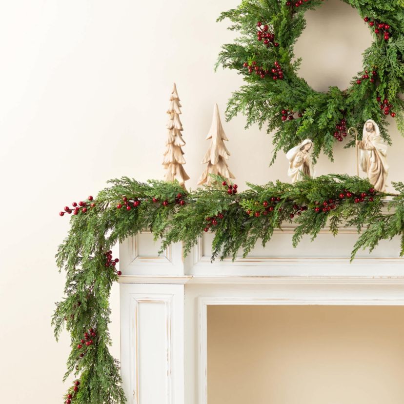 Set of 2 6ft Christmas Greenery PE Dripping Cedar Garland with Red Berries