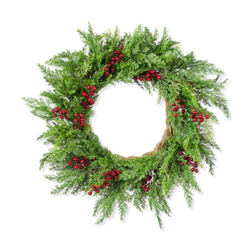 24"D Christmas Greenery PE Dripping Cedar  Wreath with Red Berries