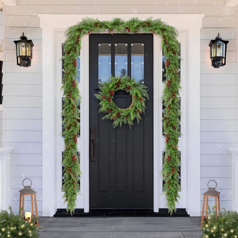 24"D Christmas Greenery PE Dripping Cedar  Wreath with Red Berries