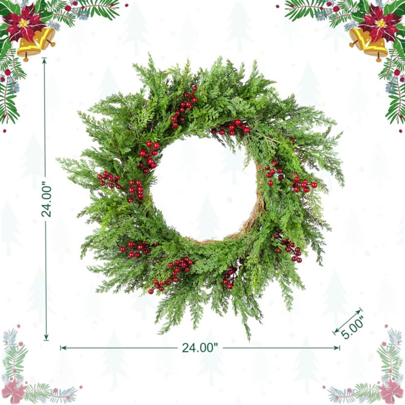 24"D Christmas Greenery PE Dripping Cedar  Wreath with Red Berries