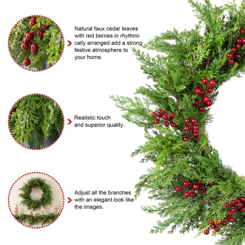 24"D Christmas Greenery PE Dripping Cedar  Wreath with Red Berries