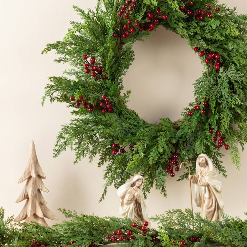24"D Christmas Greenery PE Dripping Cedar  Wreath with Red Berries