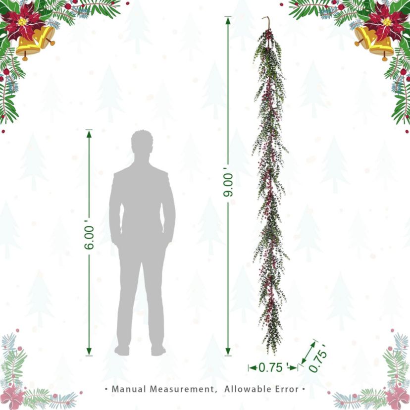 9ft Christmas Greenery PE Dripping  Eucalyptus Garland with Red Berries