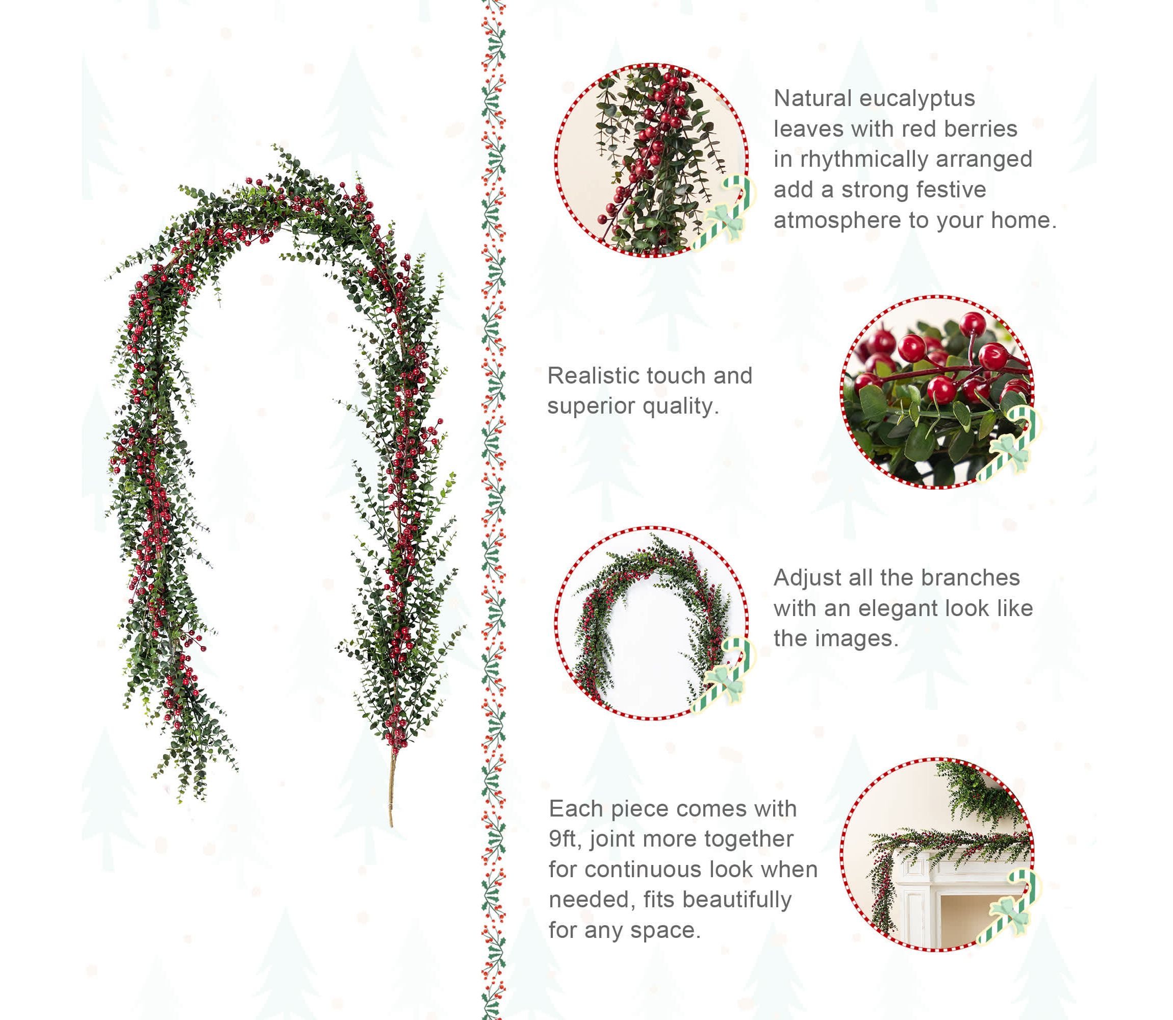 9ft Christmas Greenery PE Dripping  Eucalyptus Garland with Red Berries