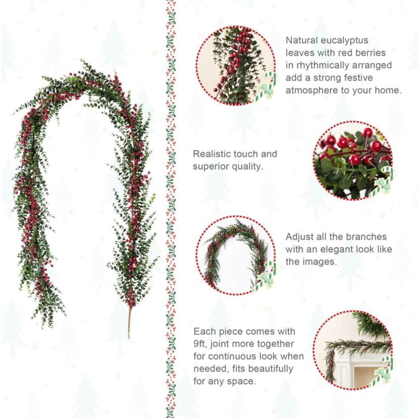 9ft Christmas Greenery PE Dripping  Eucalyptus Garland with Red Berries