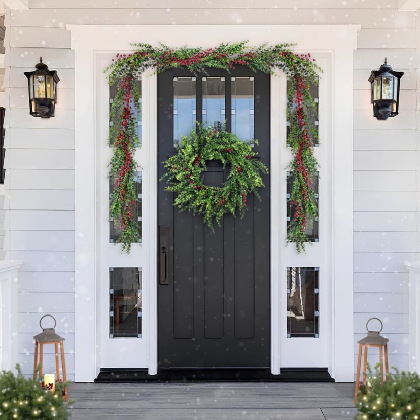 Set of 2 6ft Christmas Greenery PE Dripping Eucalyptus Garland  with Red Berries
