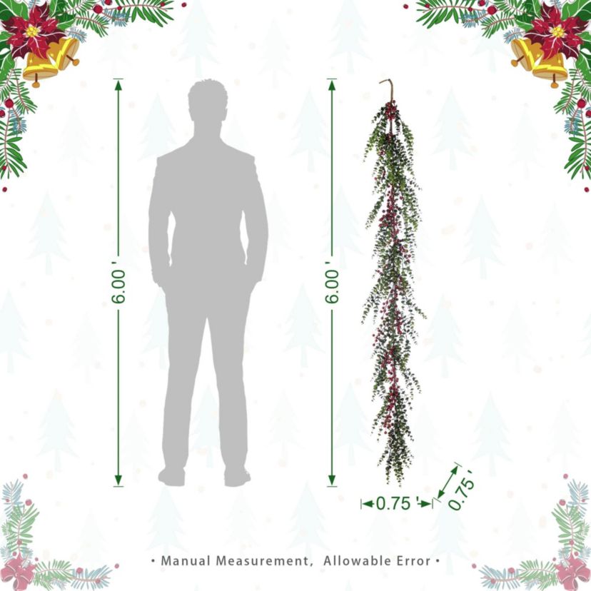 Set of 2 6ft Christmas Greenery PE Dripping Eucalyptus Garland  with Red Berries