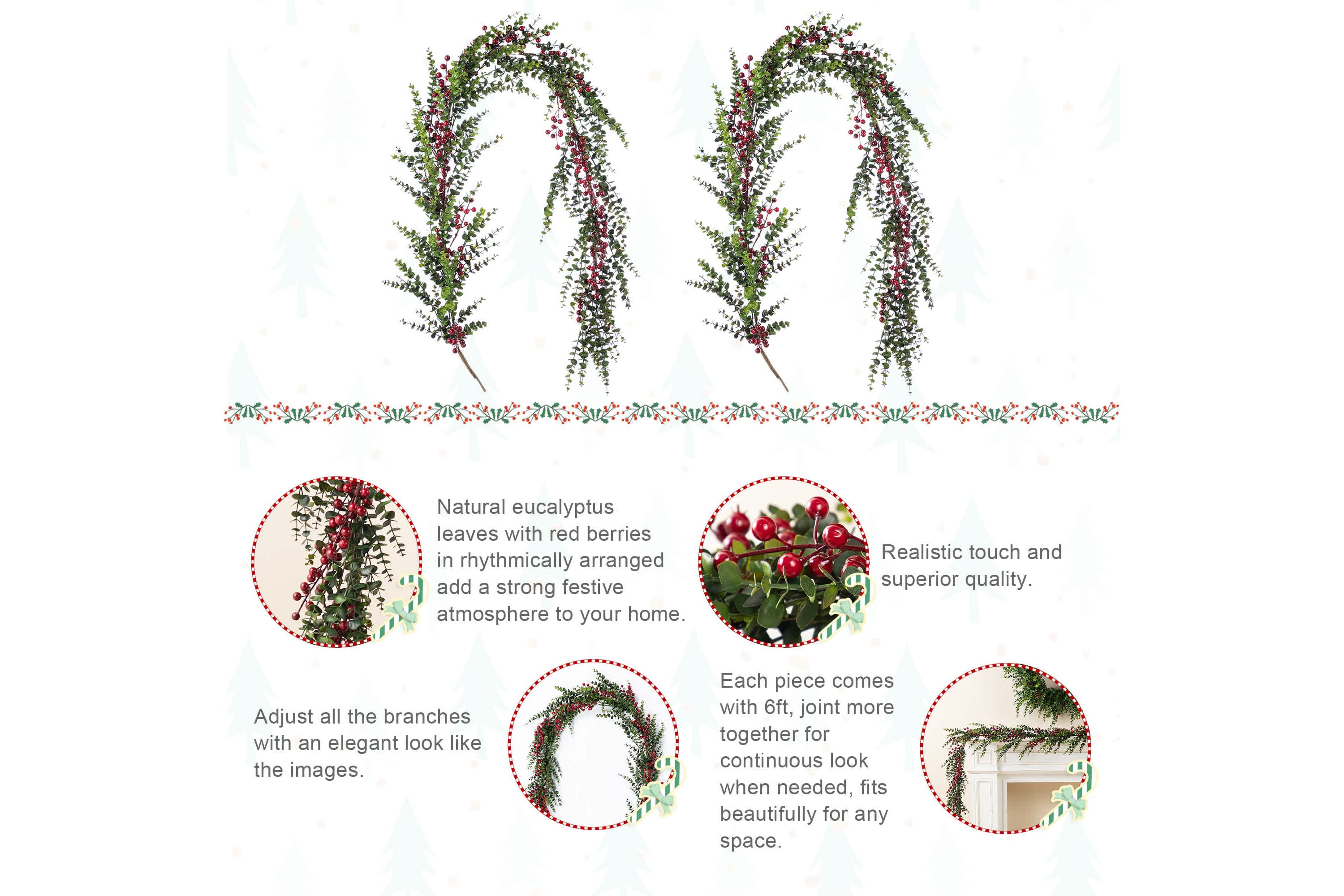 Set of 2 6ft Christmas Greenery PE Dripping Eucalyptus Garland  with Red Berries