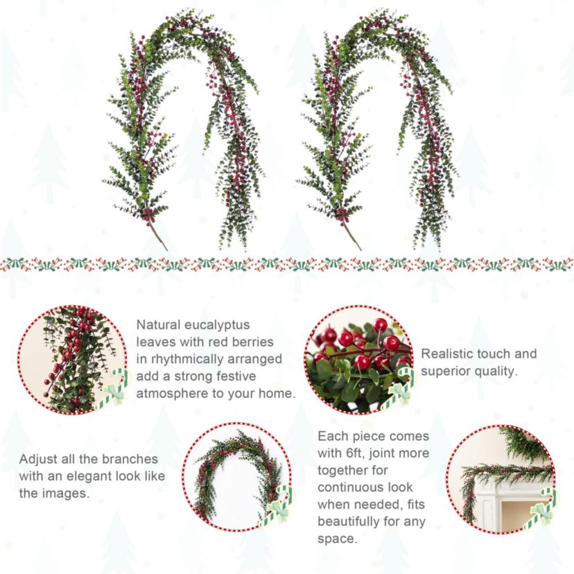 Set of 2 6ft Christmas Greenery PE Dripping Eucalyptus Garland  with Red Berries