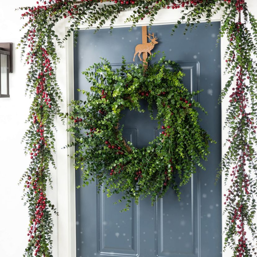 Set of 2 6ft Christmas Greenery PE Dripping Eucalyptus Garland  with Red Berries