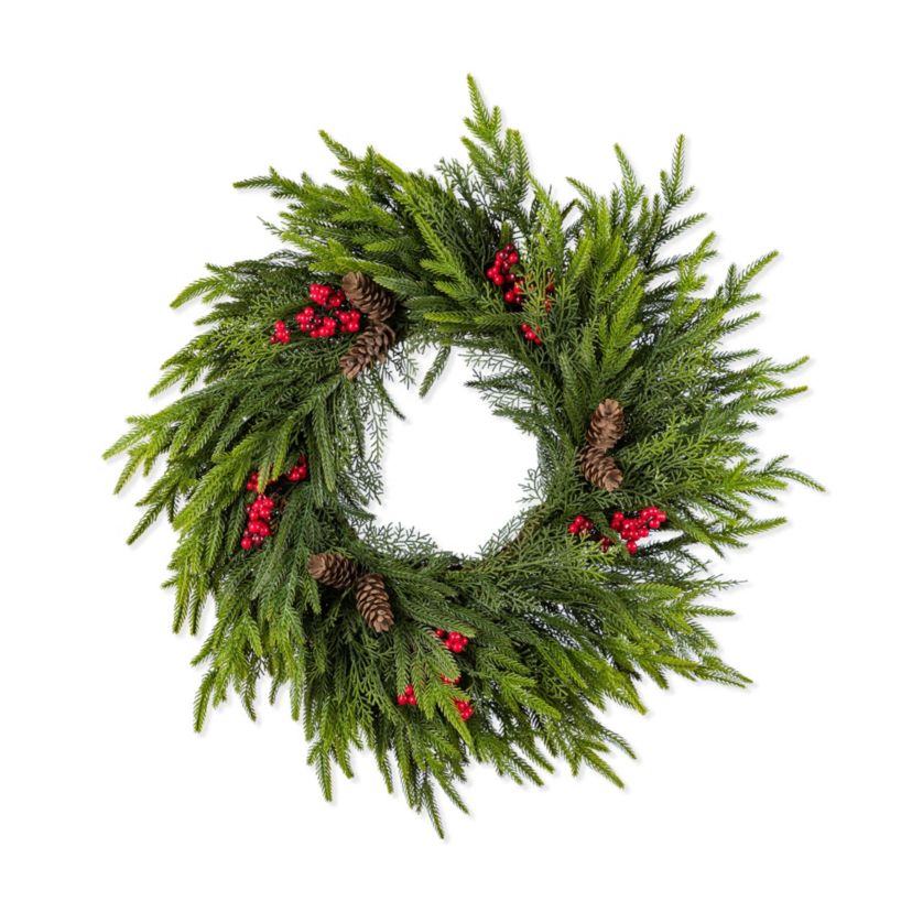 24"D Christmas PE Dripping Wreath with Pinecones and Red Berries