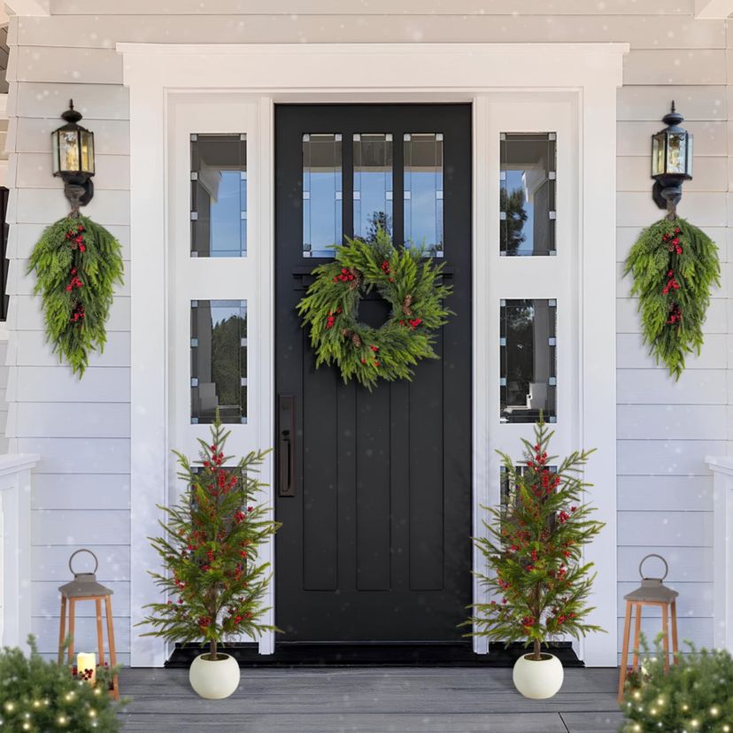 24"D Christmas PE Dripping Wreath with Pinecones and Red Berries