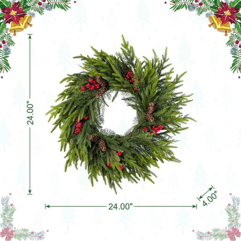 24"D Christmas PE Dripping Wreath with Pinecones and Red Berries