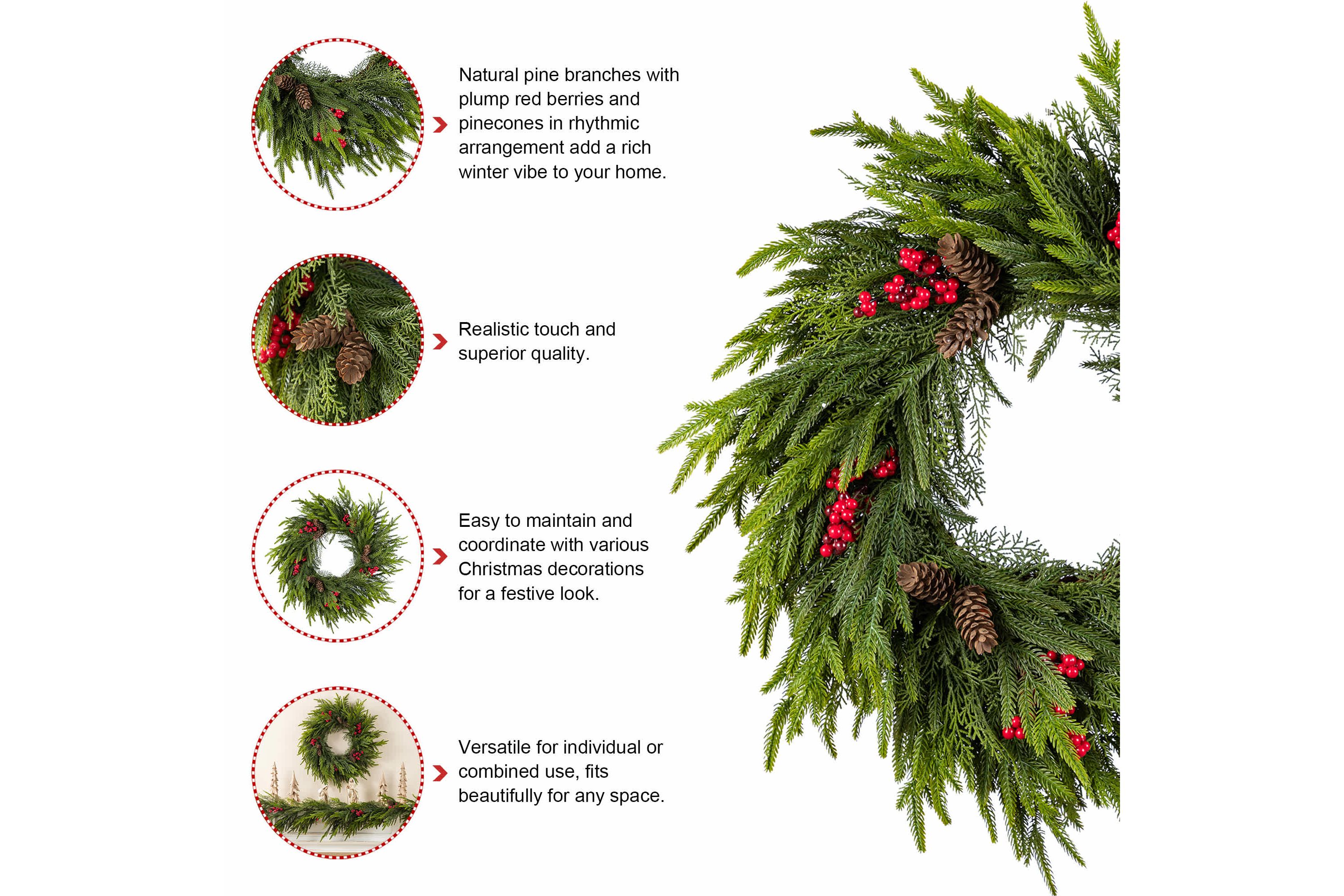 24"D Christmas PE Dripping Wreath with Pinecones and Red Berries