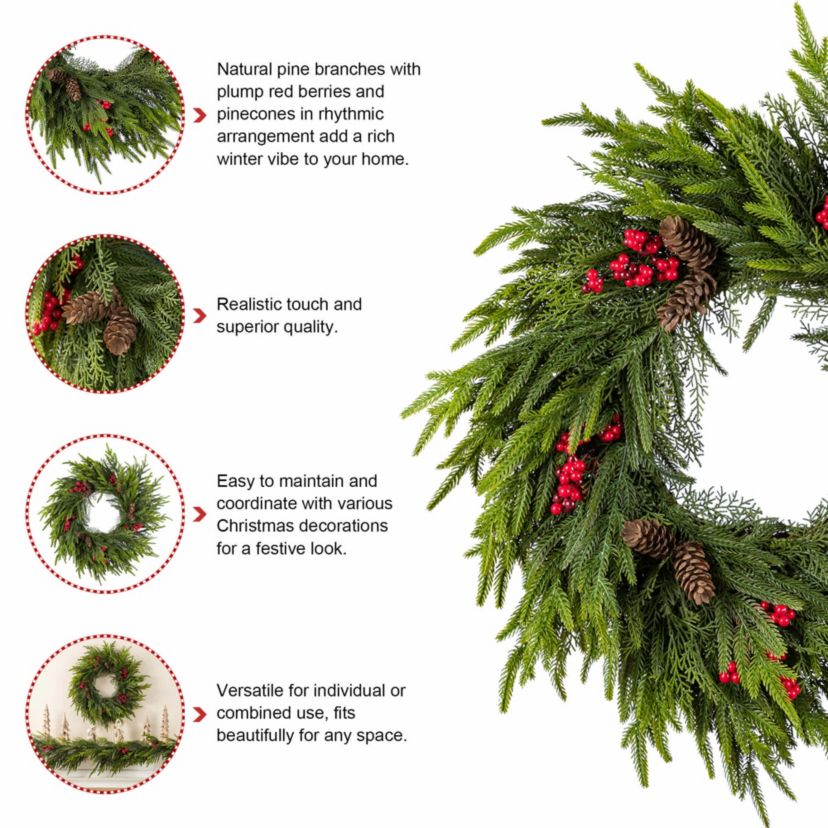 24"D Christmas PE Dripping Wreath with Pinecones and Red Berries