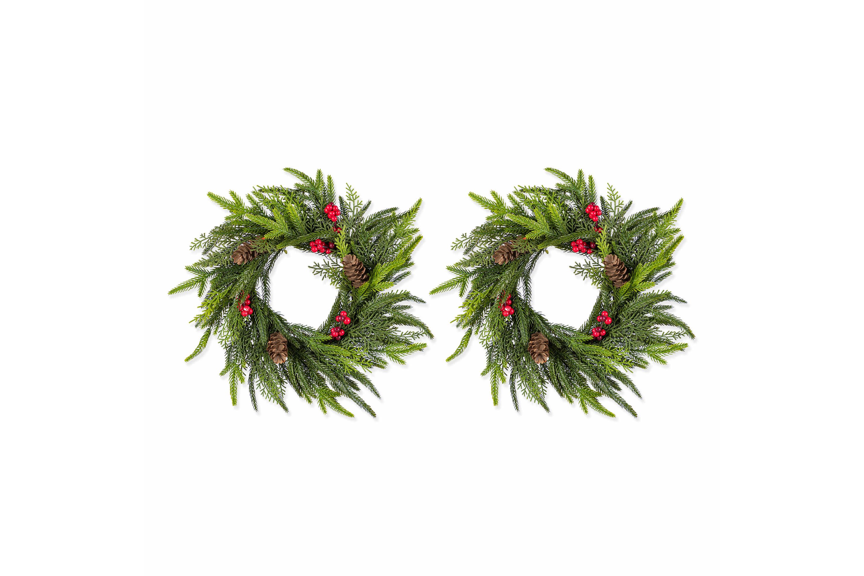 Set of 2 14"D Christmas Mini PE Dripping Wreath with Pinecones and Red Berries