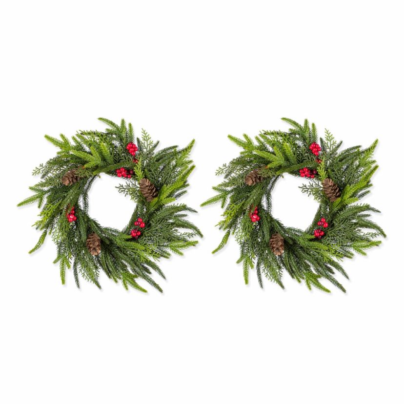 Set of 2 14"D Christmas Mini PE Dripping Wreath with Pinecones and Red Berries