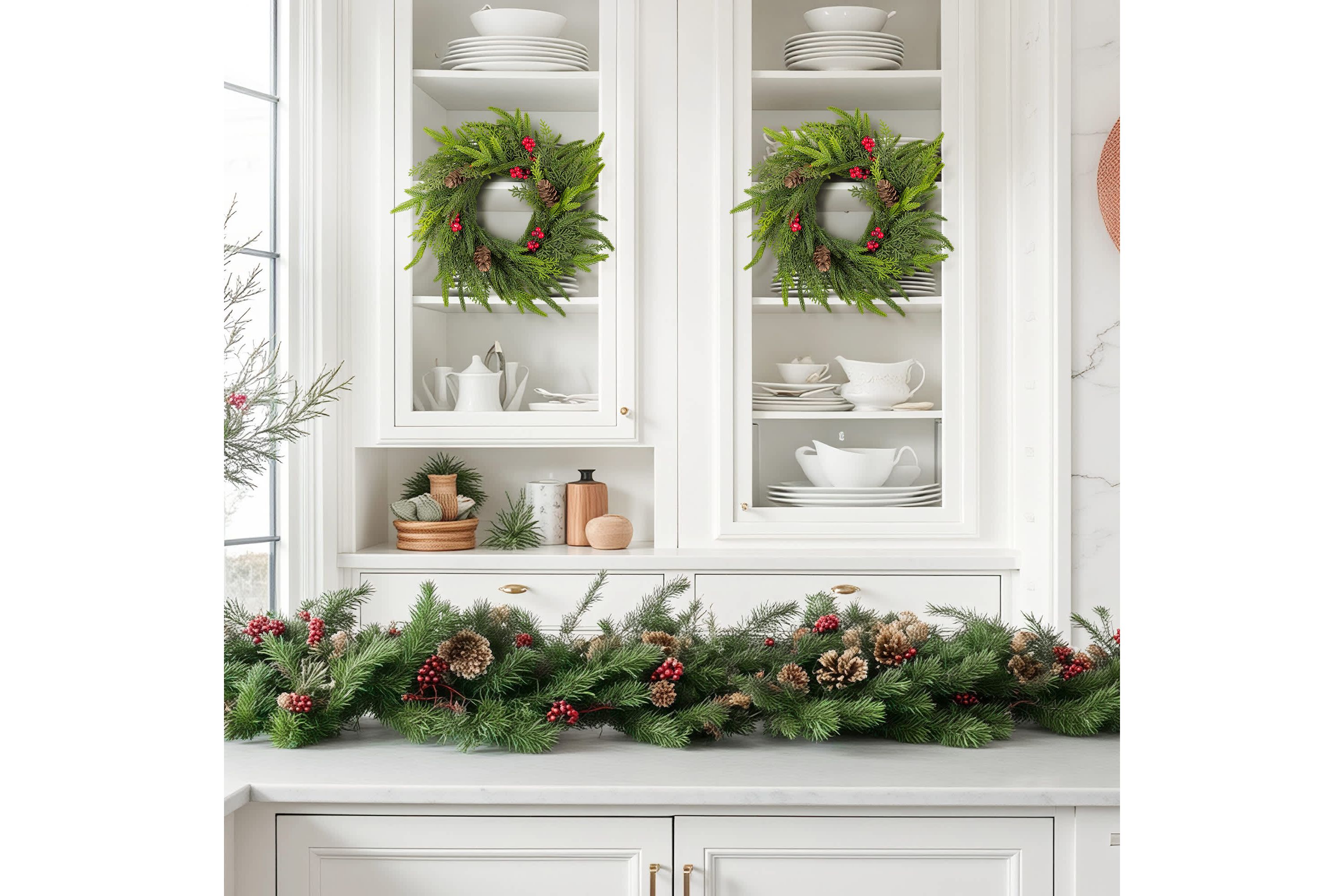 Set of 2 14"D Christmas Mini PE Dripping Wreath with Pinecones and Red Berries