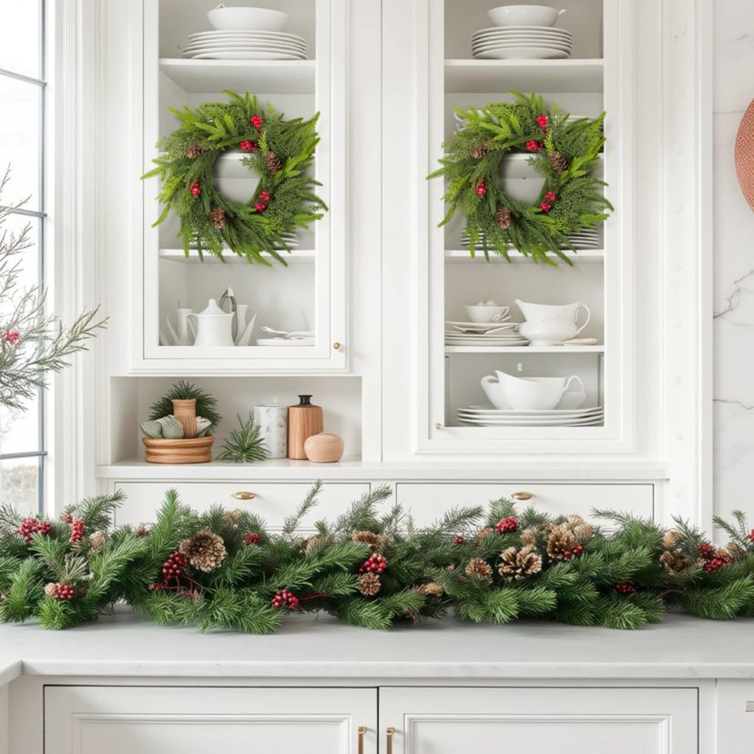 Set of 2 14"D Christmas Mini PE Dripping Wreath with Pinecones and Red Berries