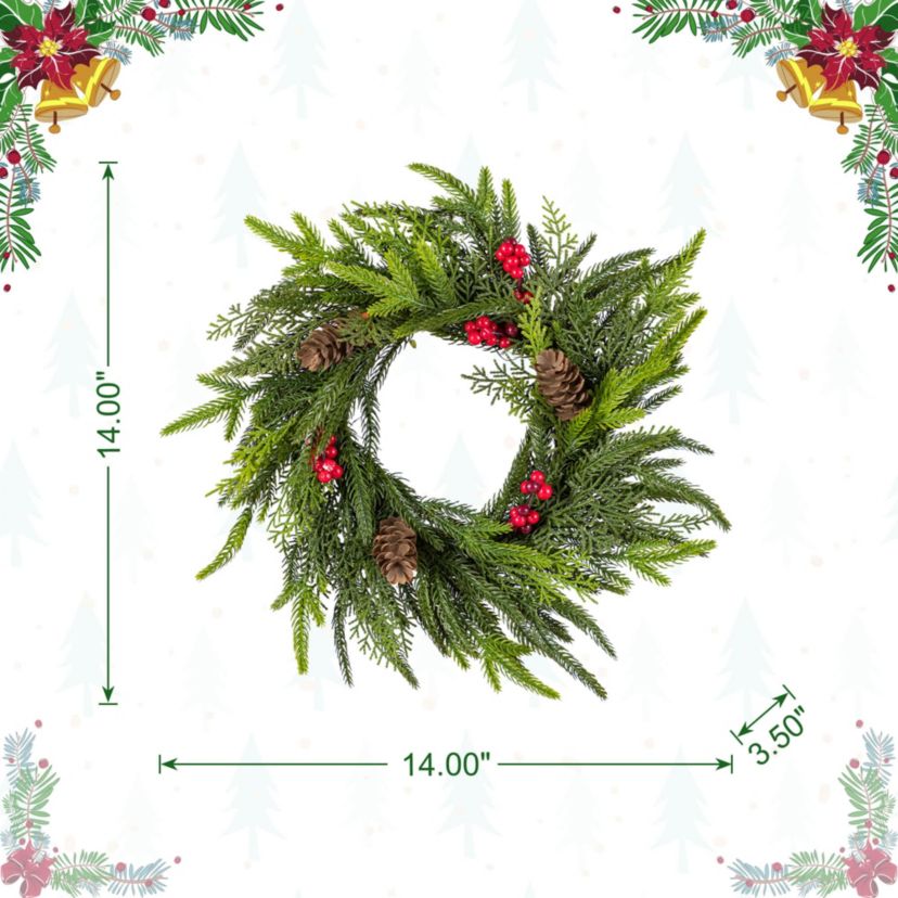 Set of 2 14"D Christmas Mini PE Dripping Wreath with Pinecones and Red Berries