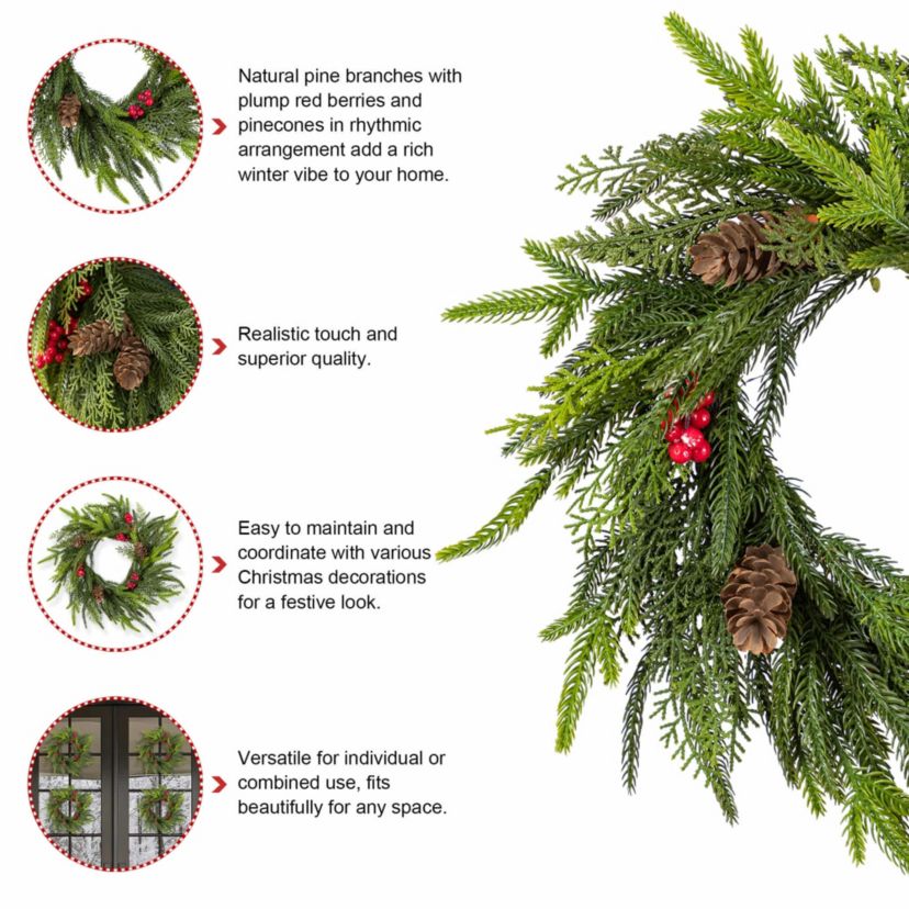Set of 2 14"D Christmas Mini PE Dripping Wreath with Pinecones and Red Berries