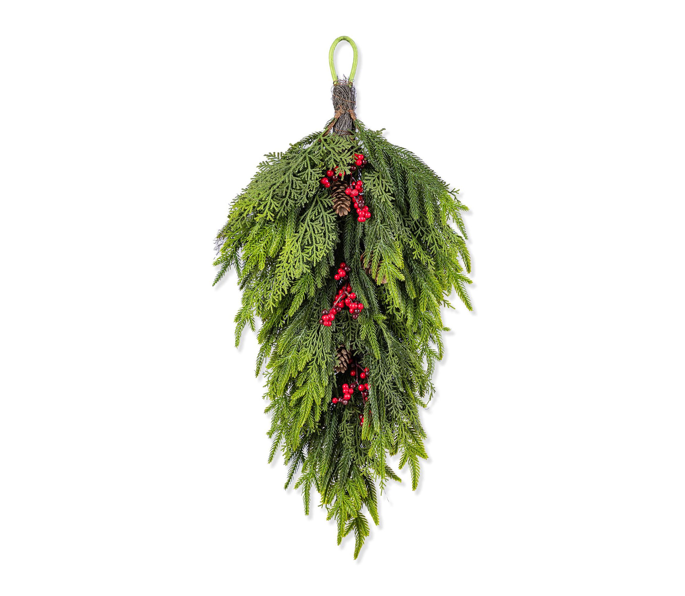 31.5"H Christmas Greenery PE Dripping Teardrop with Pinecones and Red Berries
