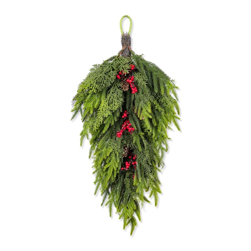 31.5"H Christmas Greenery PE Dripping Teardrop with Pinecones and Red Berries