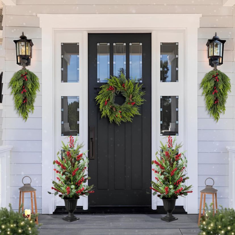 31.5"H Christmas Greenery PE Dripping Teardrop with Pinecones and Red Berries