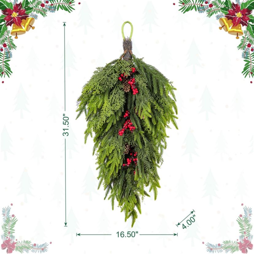 31.5"H Christmas Greenery PE Dripping Teardrop with Pinecones and Red Berries