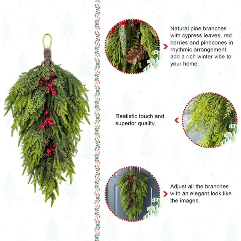 31.5"H Christmas Greenery PE Dripping Teardrop with Pinecones and Red Berries