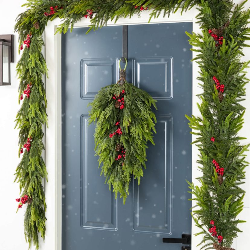 31.5"H Christmas Greenery PE Dripping Teardrop with Pinecones and Red Berries
