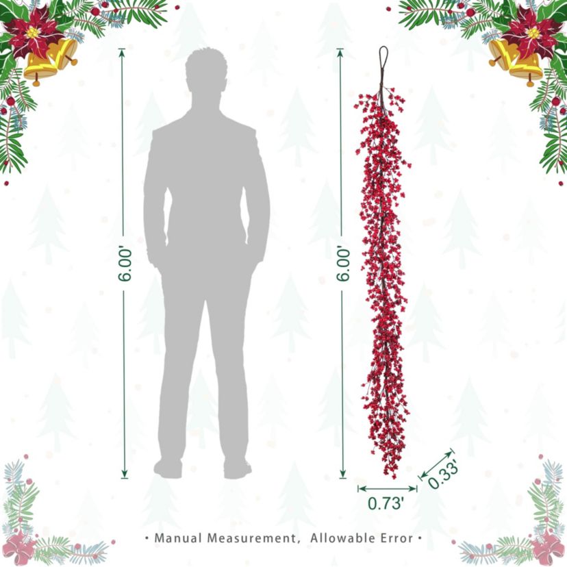 6ft Christmas Red Berries Garland