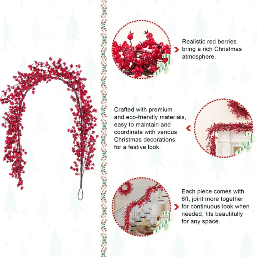 6ft Christmas Red Berries Garland